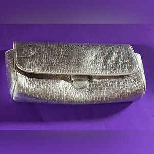 Lauren Merkin Metallic Silver Croc Embossed Leather Clutch Bag